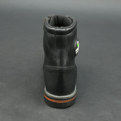 Black high-ankle bovine leather motorbike boots.
