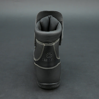 Premium black bovine leather biker boots with white stitching and Velcro straps.