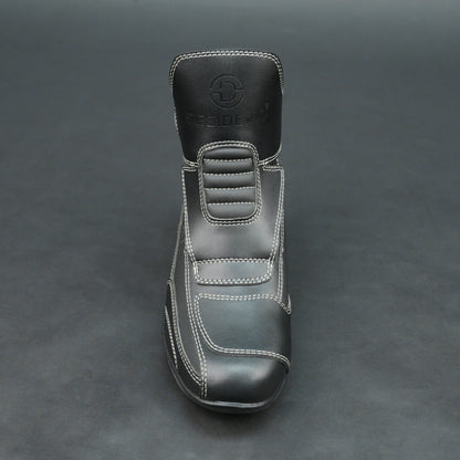 Premium black bovine leather biker boots with white stitching and Velcro straps.