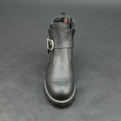 Matte black bovine leather biker boots with side buckle and zipper.