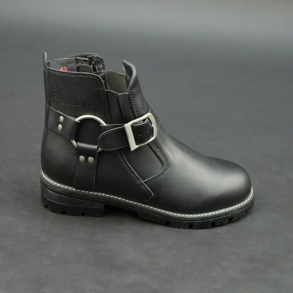 Matte black bovine leather biker boots with side buckle and zipper.