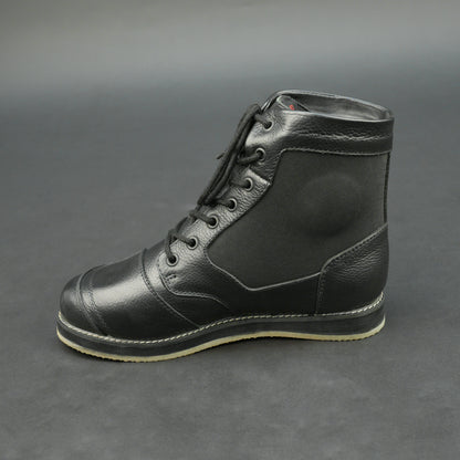 Black high-ankle motorbike boots with mesh panels.