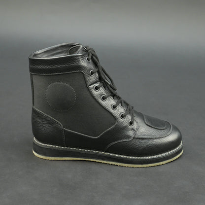 Black high-ankle motorbike boots with mesh panels.