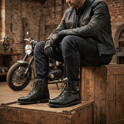 Black High Ankle Motorbike Riding Boots #Desiderio #MotorbikeBoots #RidingBoots #HighAnkleBoots #BlackBoots #MensFootwear #BikerStyle #PremiumBoots
