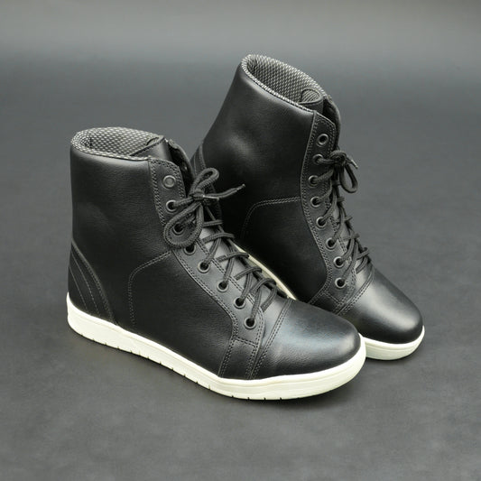 Black high-top leather sneakers with white sole.