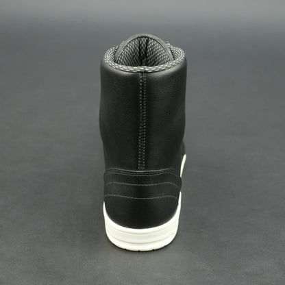 Black high-top leather sneakers with white sole.