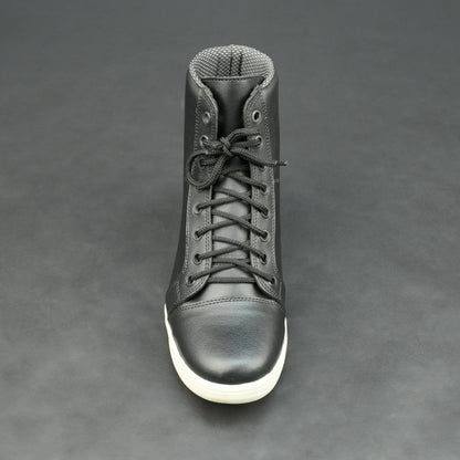 Black high-top leather sneakers with white sole.