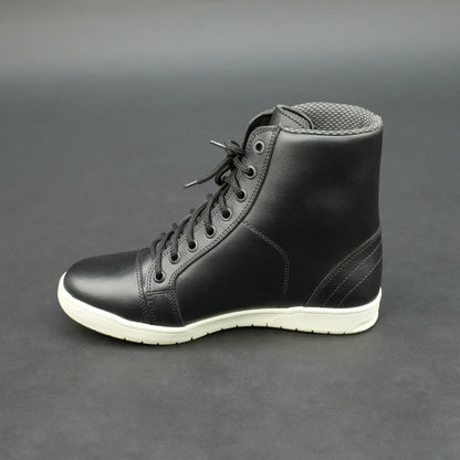 Black high-top leather sneakers with white sole.