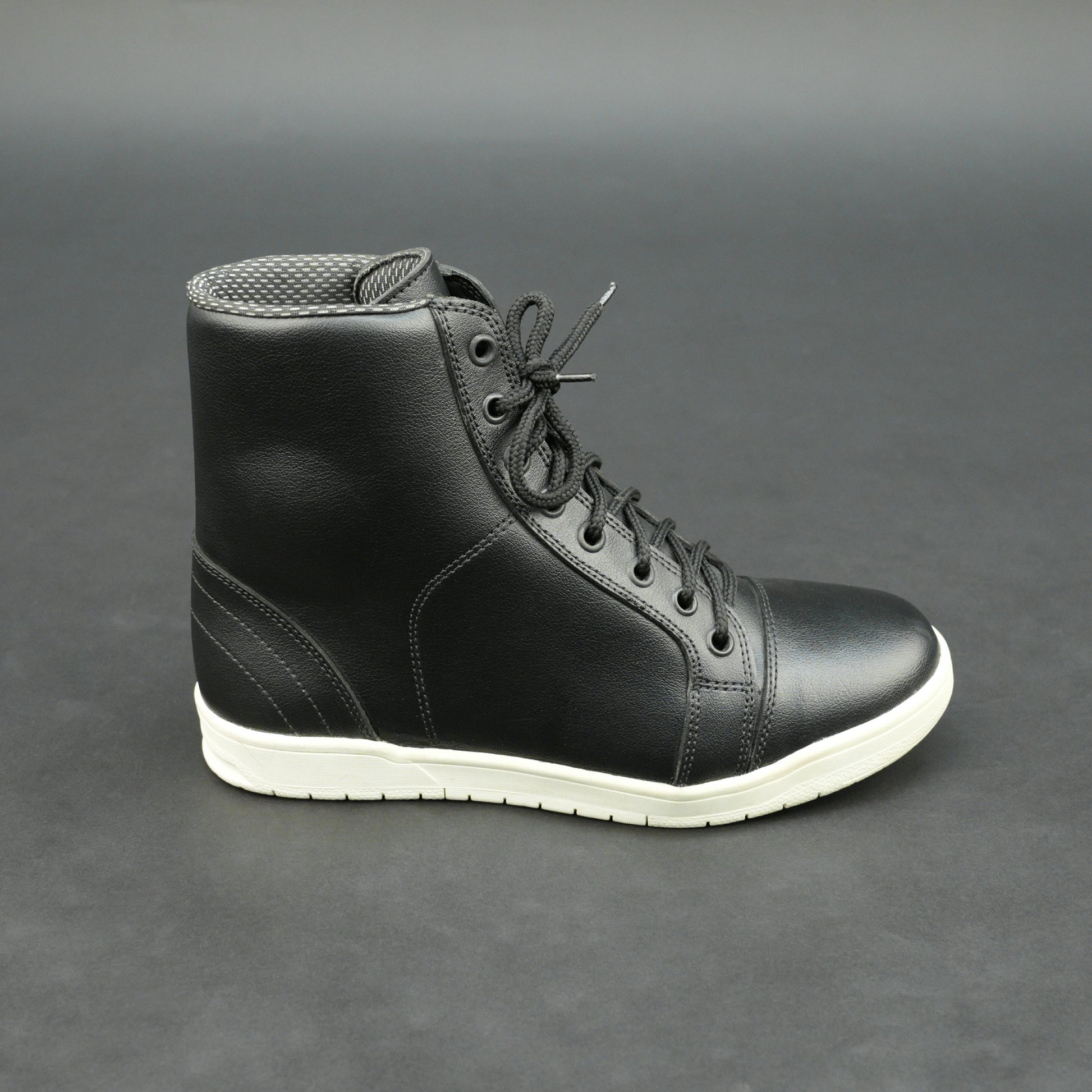 Black high-top leather sneakers with white sole.