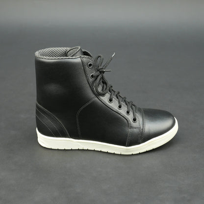 Black high-top leather sneakers with white sole.