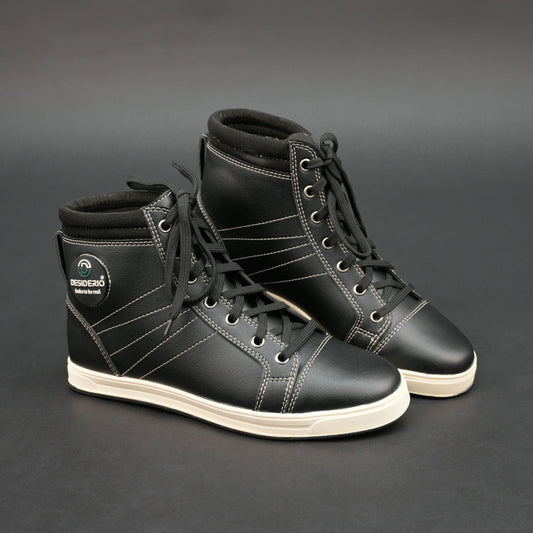 Black high-top bovine leather sneakers with white stitching and white sole.