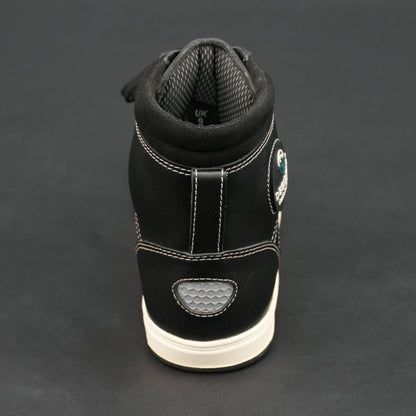 Black high-top bovine leather sneakers with white stitching and white sole.