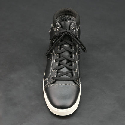 Black high-top bovine leather sneakers with white stitching and white sole.