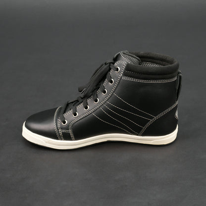 Black high-top bovine leather sneakers with white stitching and white sole.