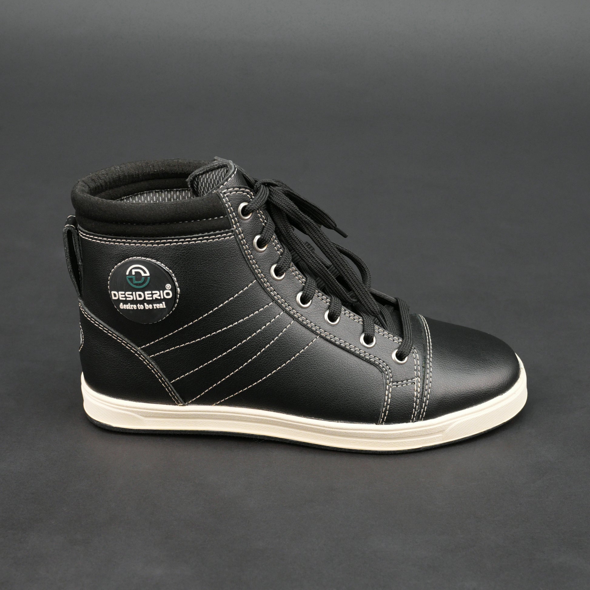 Black high-top bovine leather sneakers with white stitching and white sole.