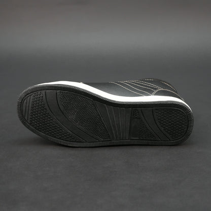 Black high-top bovine leather sneakers with white stitching and white sole.