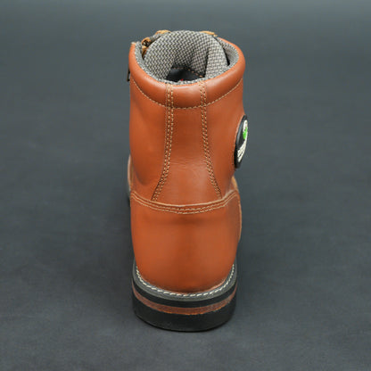 Brown bovine leather motorbike boots with side zipper and black laces.