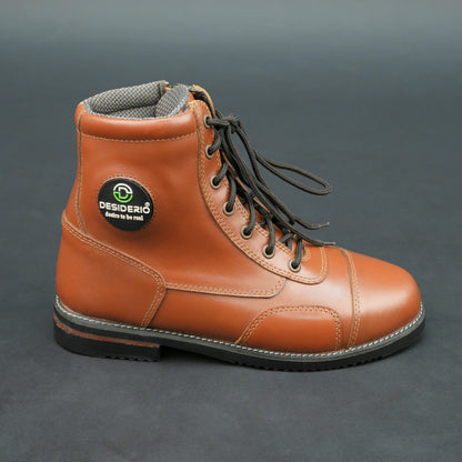 Brown bovine leather motorbike boots with side zipper and black laces.