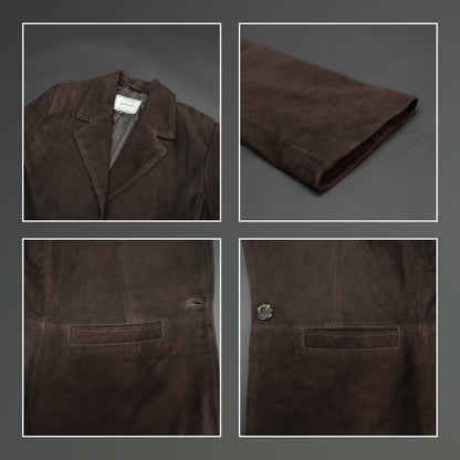 Bruné men’s dark brown leather blazer made from premium goat leather, featuring two functional pockets, combining elegance, durability, and versatile style for casual or formal wear