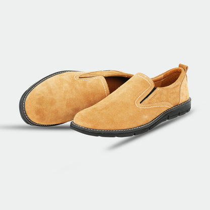 Camel loafer with genuine cow leather upper, soft sheep lining, Texon insole, and lightweight EVA sole