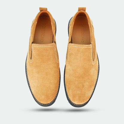 Camel loafer with genuine cow leather upper, soft sheep lining, Texon insole, and lightweight EVA sole
