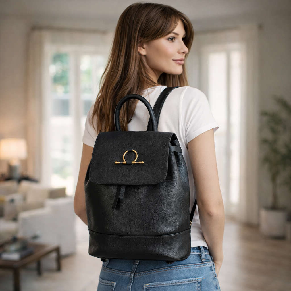 Black backpack with main compartment, inner zipper pocket, and comfortable shoulder straps for daily use