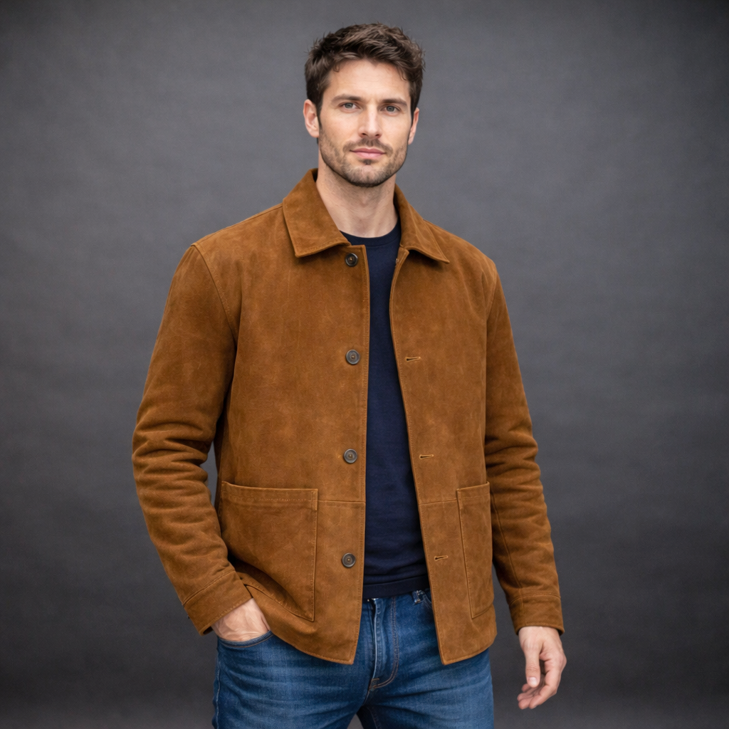 Men’s tobacco-colored goat suede jacket with soft velvety texture, two spacious pockets, and a versatile design for casual or dressy occasions