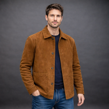 Men’s tobacco-colored goat suede jacket with soft velvety texture, two spacious pockets, and a versatile design for casual or dressy occasions