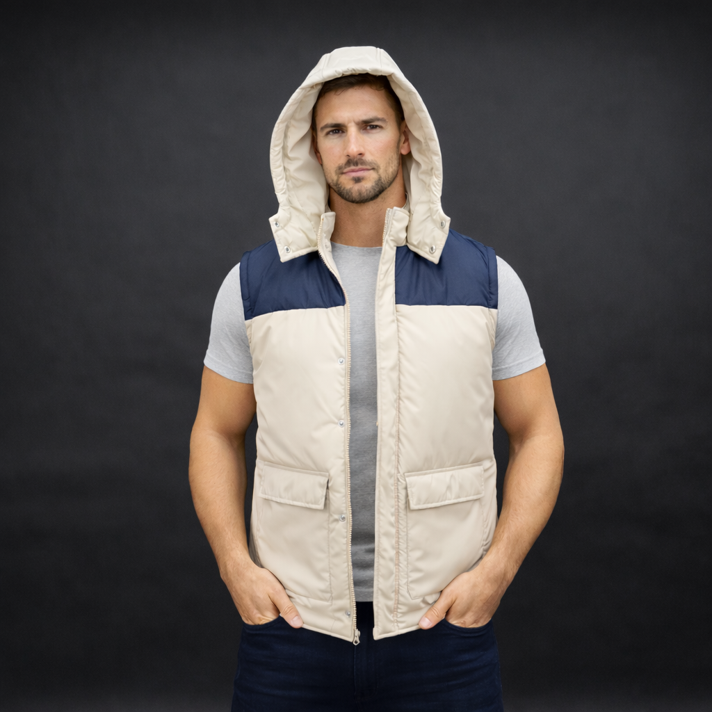 Men’s hooded two-tone puffer vest with front zip, snap buttons, inside and front pockets, available in multiple color combinations