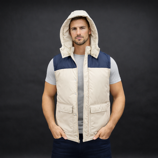 Men’s hooded two-tone puffer vest with front zip, snap buttons, inside and front pockets, available in multiple color combinations