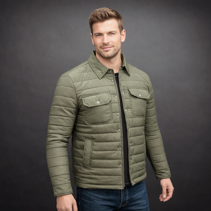 Men’s button-down six-pocket quilted puffer jacket in navy and green with full sleeves, snap button closure, and multiple pockets for storage and warmth