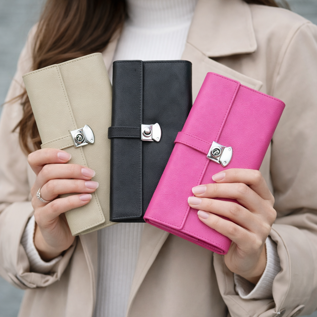 Women's Push Lock Leather Clutch 846