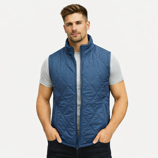 Men’s lightweight diamond quilted sleeveless puffer gilet with front zip, three pockets, available in navy, green, and blue