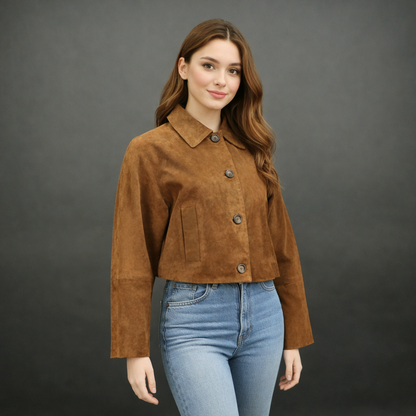 Men’s brown suede leather jacket with button closure, front side pockets, and a slim tailored fit, offering a modern classic style with everyday comfort.