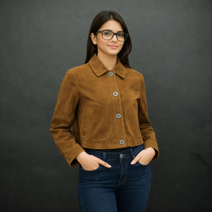 Marigold men’s mustard brown suede leather jacket with button closure, front side pockets, and a tailored fit, combining style and functionality