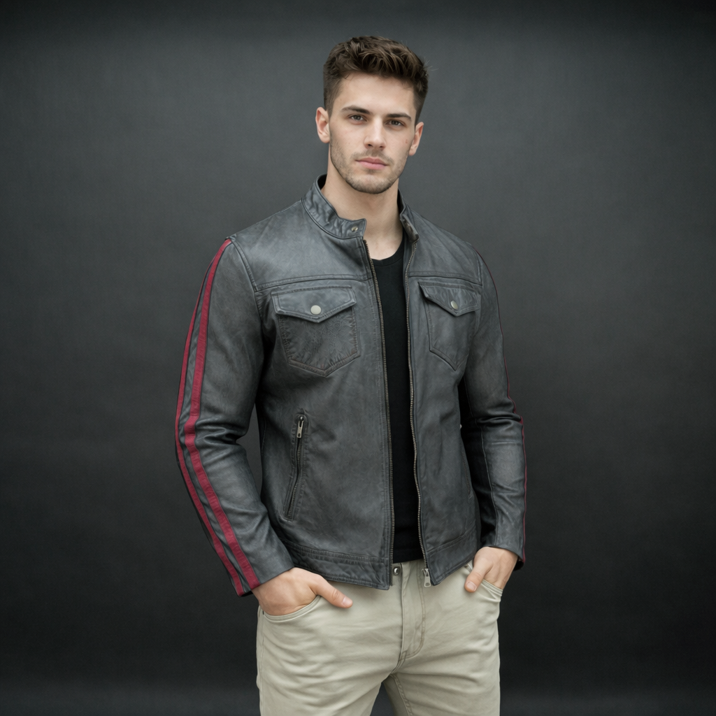 Black jacket 6010 with front zip closure, snap-button collar, multiple pockets, and red arm stripes, combining style and practicality for everyday wear