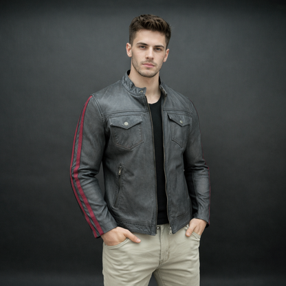 Black jacket 6010 with front zip closure, snap-button collar, multiple pockets, and red arm stripes, combining style and practicality for everyday wear