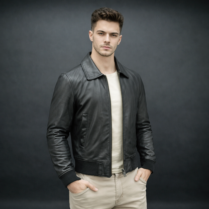 Men’s black leather jacket made from soft sheep leather with front zipper and multiple pockets