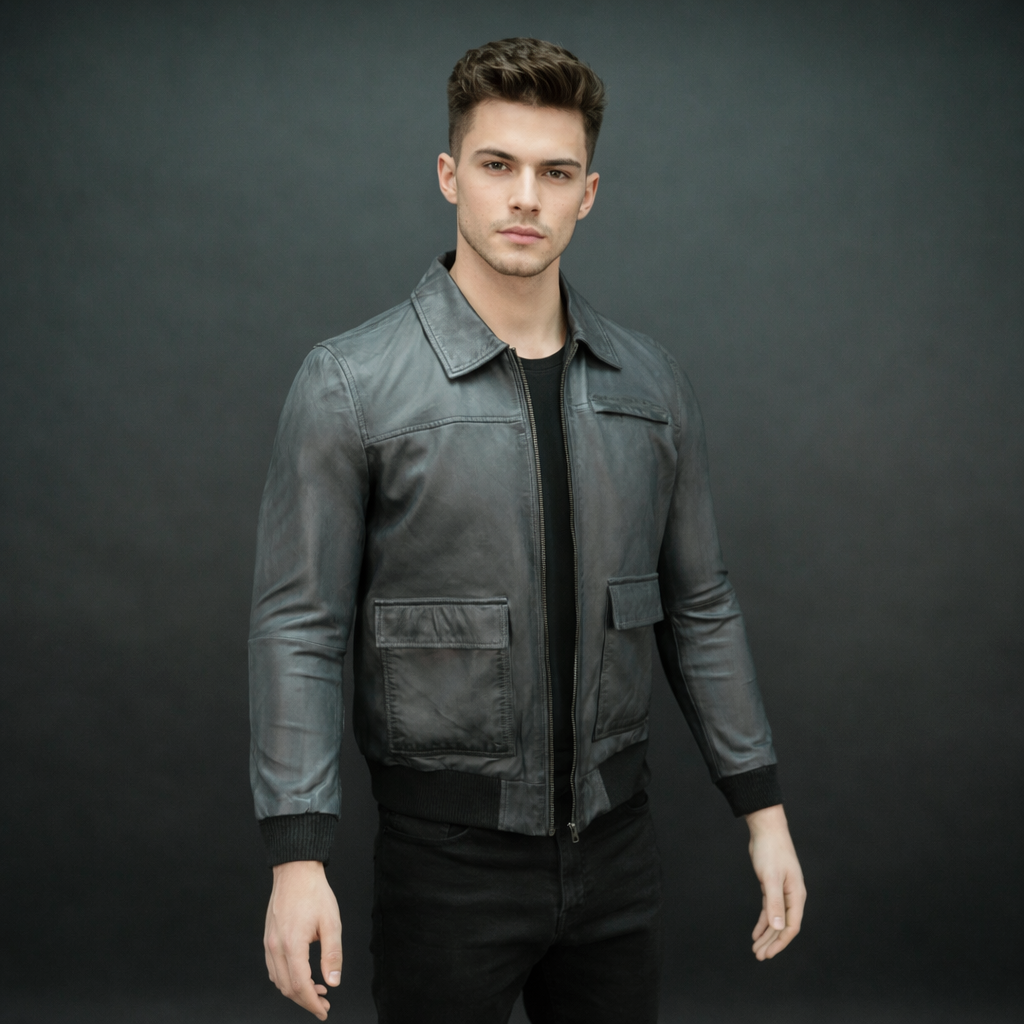 Men’s black leather jacket with zip closure, two side pockets, one left arm pocket, and one inside pocket, combining style and everyday functionality