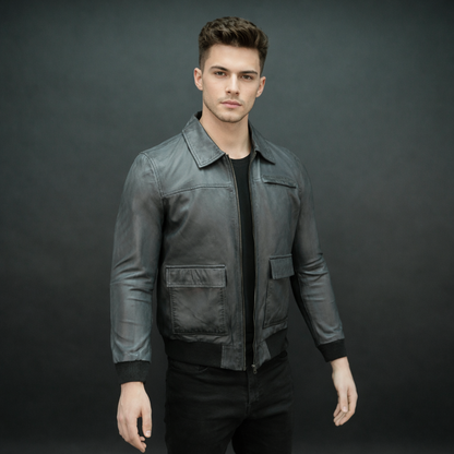 Men’s black leather jacket with zip closure, two side pockets, one left arm pocket, and one inside pocket, combining style and everyday functionality