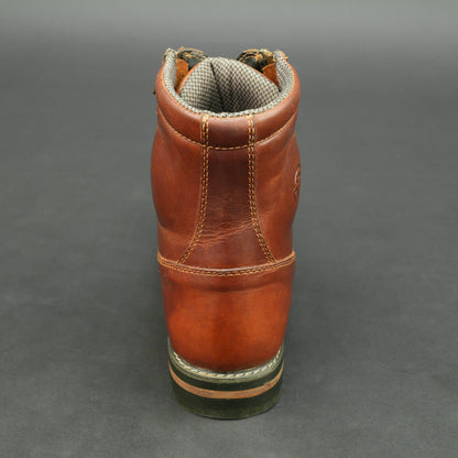 Cognac brown bovine leather motorbike boots with side zipper and lace-up design.