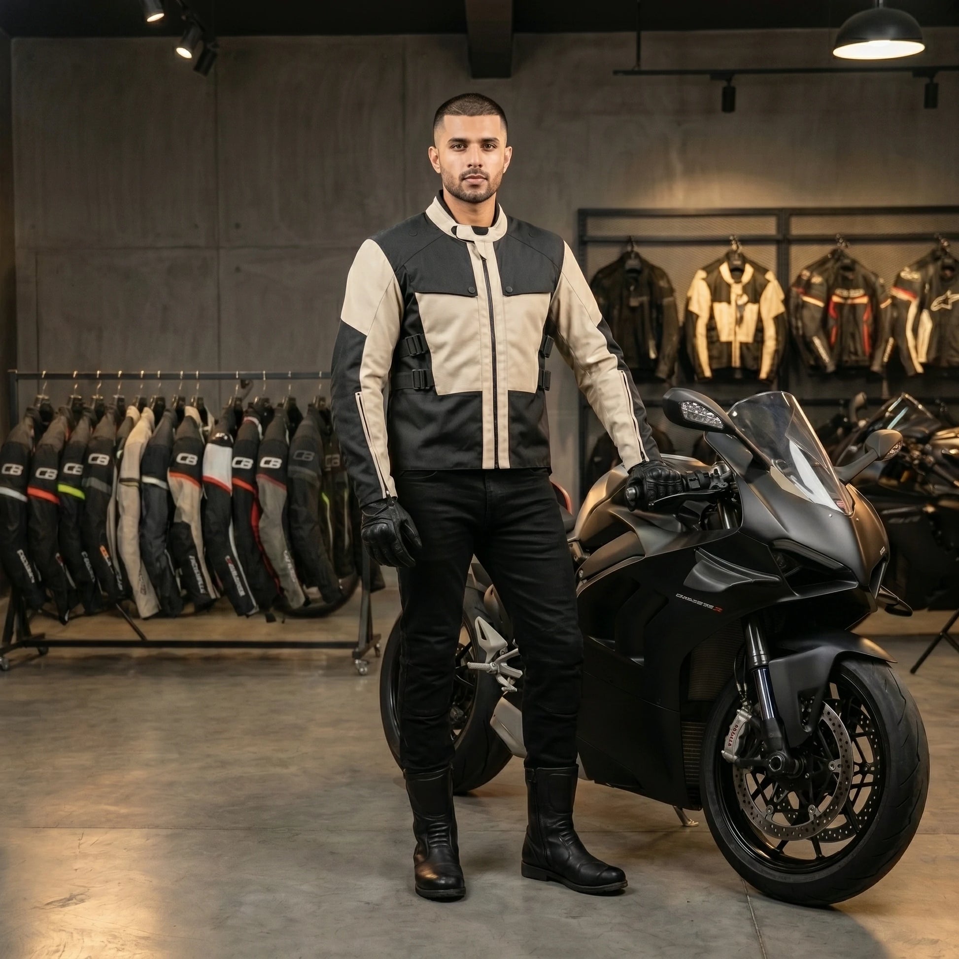 Cogobush Black & Beige Adventure Touring Motorcycle Riding Jacket with Armor Pockets #Desiderio #AdventureJacket #MotorcycleJacket #TouringGear #ArmorReady #RidingGear #BikerStyle #ProtectiveGear