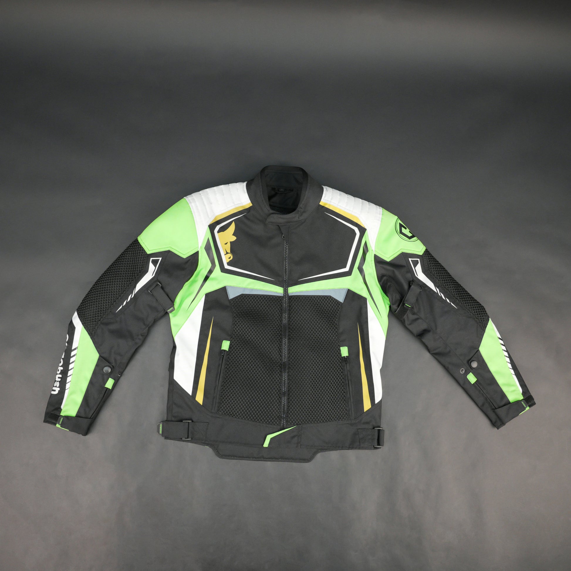 Cogobush Black & Neon Green Mesh Motorcycle Riding Jacket with CE Armor Pockets #Desiderio #MotorcycleJacket #MeshJacket #CERated #RidingGear #BikerStyle #SummerRiding #ProtectiveGear
