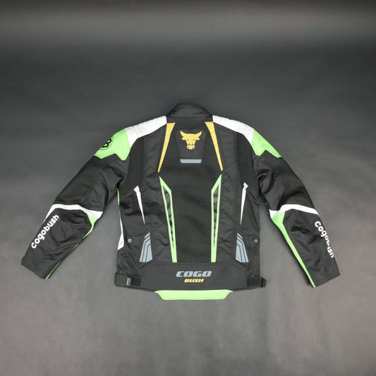 Cogobush Black & Neon Green Mesh Motorcycle Riding Jacket with CE Armor Pockets #Desiderio #MotorcycleJacket #MeshJacket #CERated #RidingGear #BikerStyle #SummerRiding #ProtectiveGear