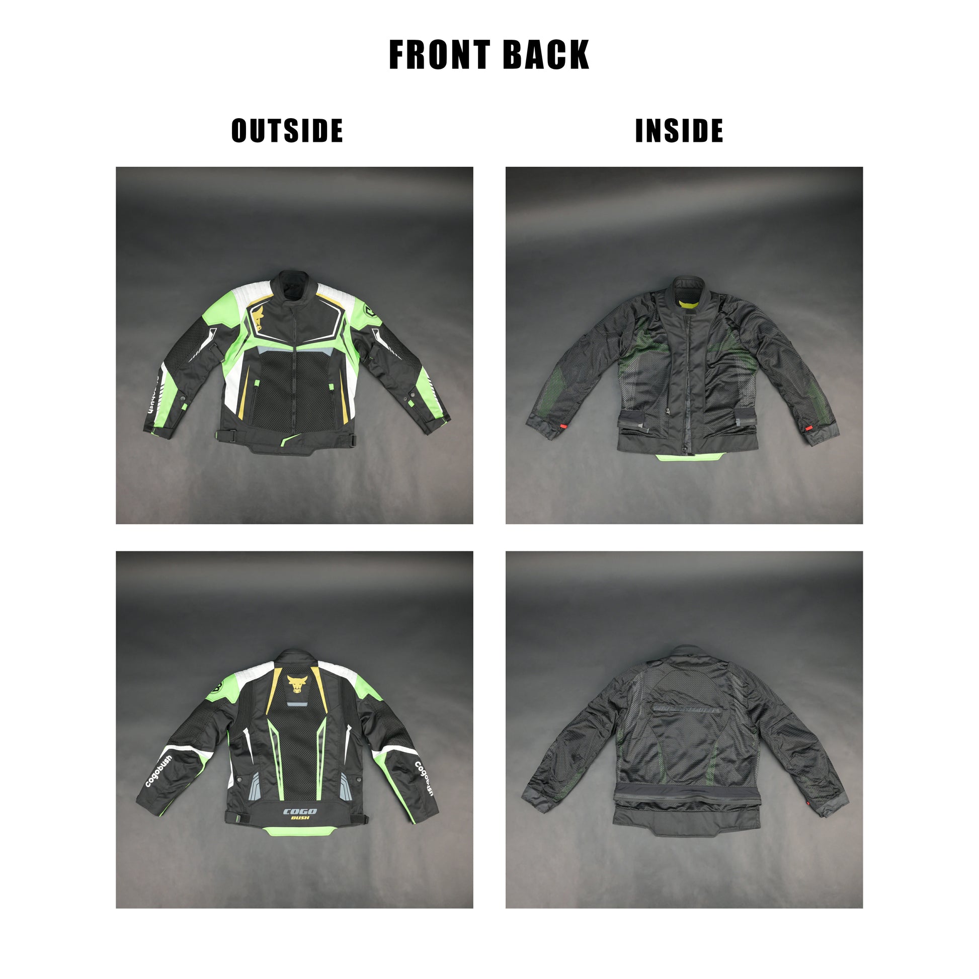 Cogobush Black & Neon Green Mesh Motorcycle Riding Jacket with CE Armor Pockets #Desiderio #MotorcycleJacket #MeshJacket #CERated #RidingGear #BikerStyle #SummerRiding #ProtectiveGear