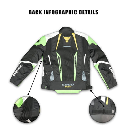 Cogobush Black & Neon Green Mesh Motorcycle Riding Jacket with CE Armor Pockets #Desiderio #MotorcycleJacket #MeshJacket #CERated #RidingGear #BikerStyle #SummerRiding #ProtectiveGear