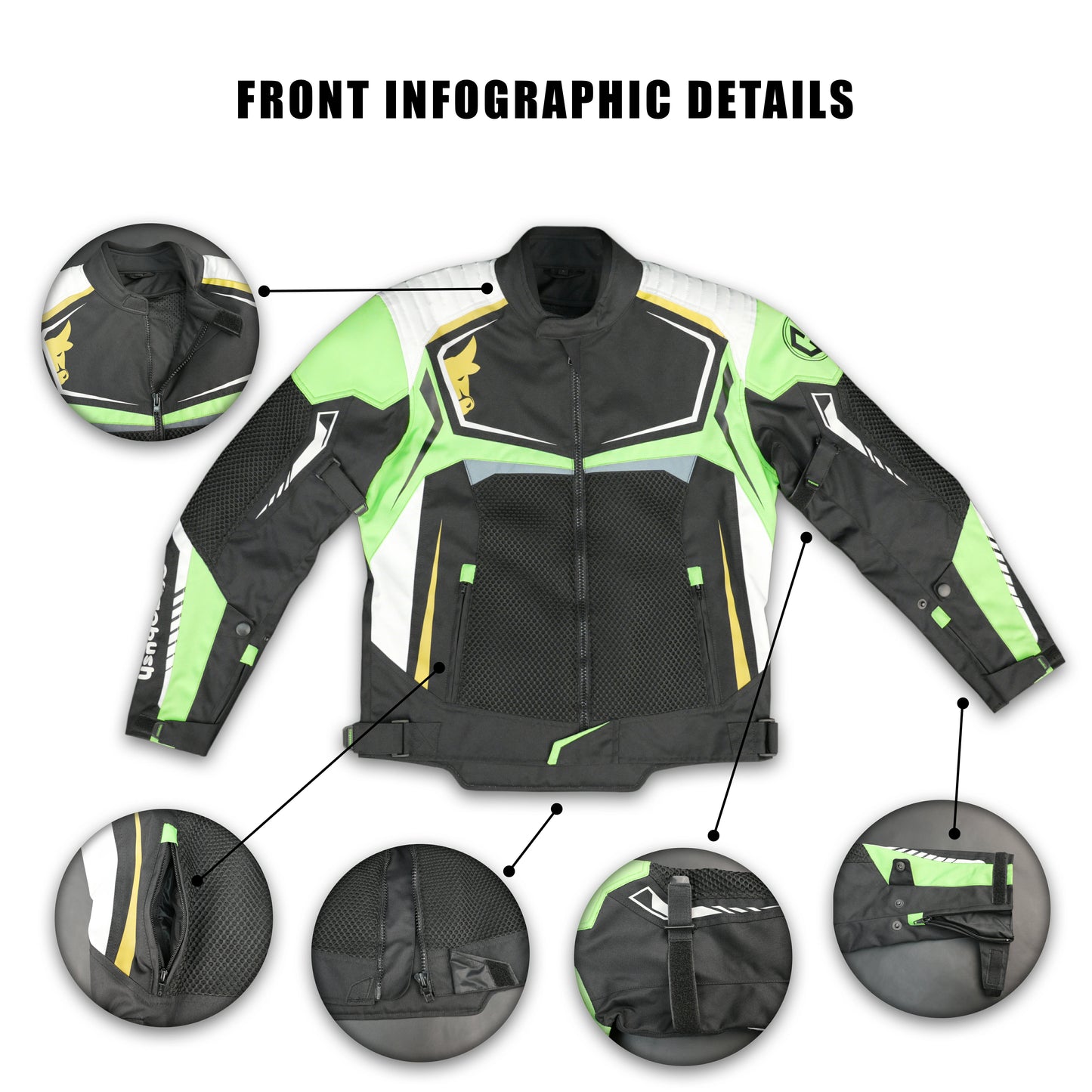 Cogobush Black & Neon Green Mesh Motorcycle Riding Jacket with CE Armor Pockets #Desiderio #MotorcycleJacket #MeshJacket #CERated #RidingGear #BikerStyle #SummerRiding #ProtectiveGear