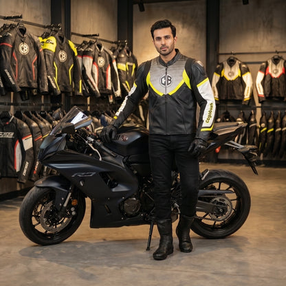 Cogobush CB Grey & Neon Yellow Leather Look Motorcycle Riding Jacket #Desiderio #MotorcycleJacket #LeatherLook #RidingGear #BikerStyle #MotorcycleApparel #ProtectiveGear #RiderStyle
