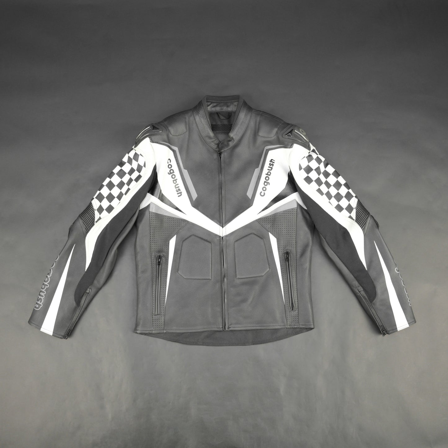 Cogobush Grey & White Checkered Racing Motorcycle Jacket with Armor Pockets #Desiderio #MotorcycleJacket #RacingJacket #RidingGear #ArmorReady #BikerStyle #ProtectiveGear #MotorcycleApparel