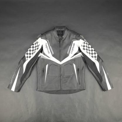 Cogobush Grey & White Checkered Racing Motorcycle Jacket with Armor Pockets #Desiderio #MotorcycleJacket #RacingJacket #RidingGear #ArmorReady #BikerStyle #ProtectiveGear #MotorcycleApparel